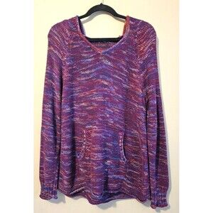 Eddie Bauer Sweater Womens Large Knit Hooded Pullover V Neck Front Pocket